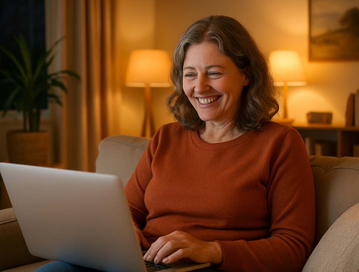 a middle aged female on her laptop sitting on the couch in her warmly lit living room in australia shes happy-1-1