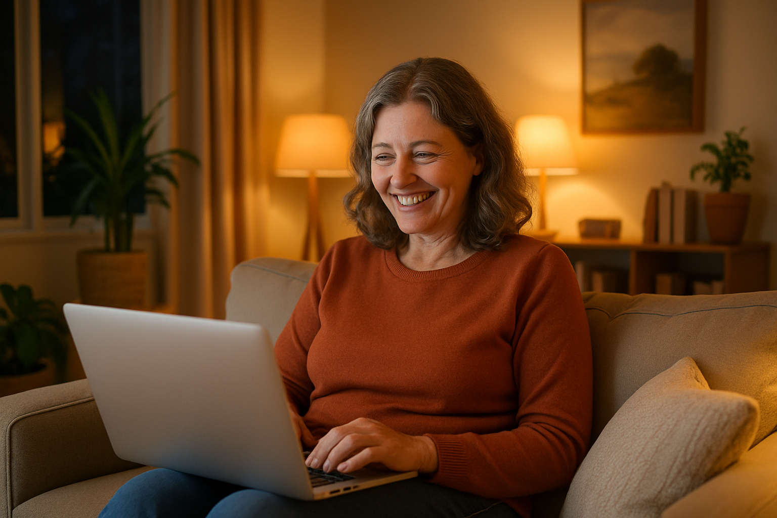 a middle aged female on her laptop sitting on the couch in her warmly lit living room in australia shes happy