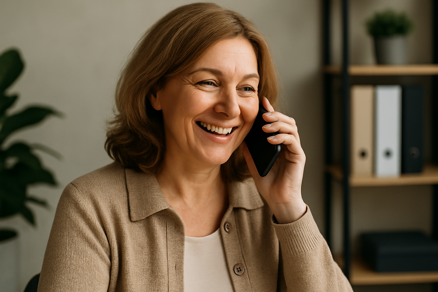 middle aged woman on the phone to their finance broker pleased to the information they get