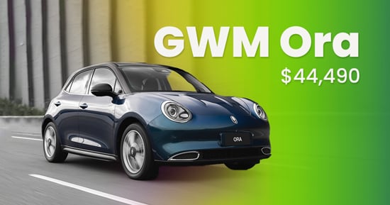 gwm ora on a road with its price and its name written on the side