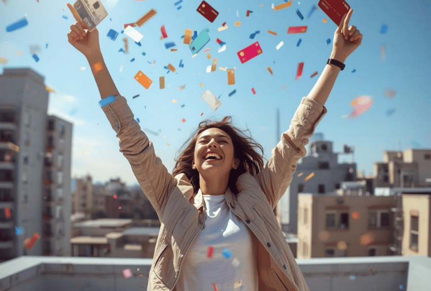 debt consolidation happy woman throwing her cut up credit cards in the air.