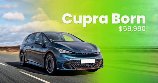 cupra born on a road with its price and its name written on the sky