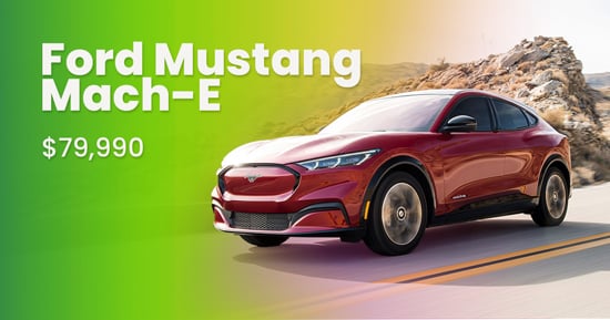 ford mustang mach-e on a road with its price and its name written on the sky